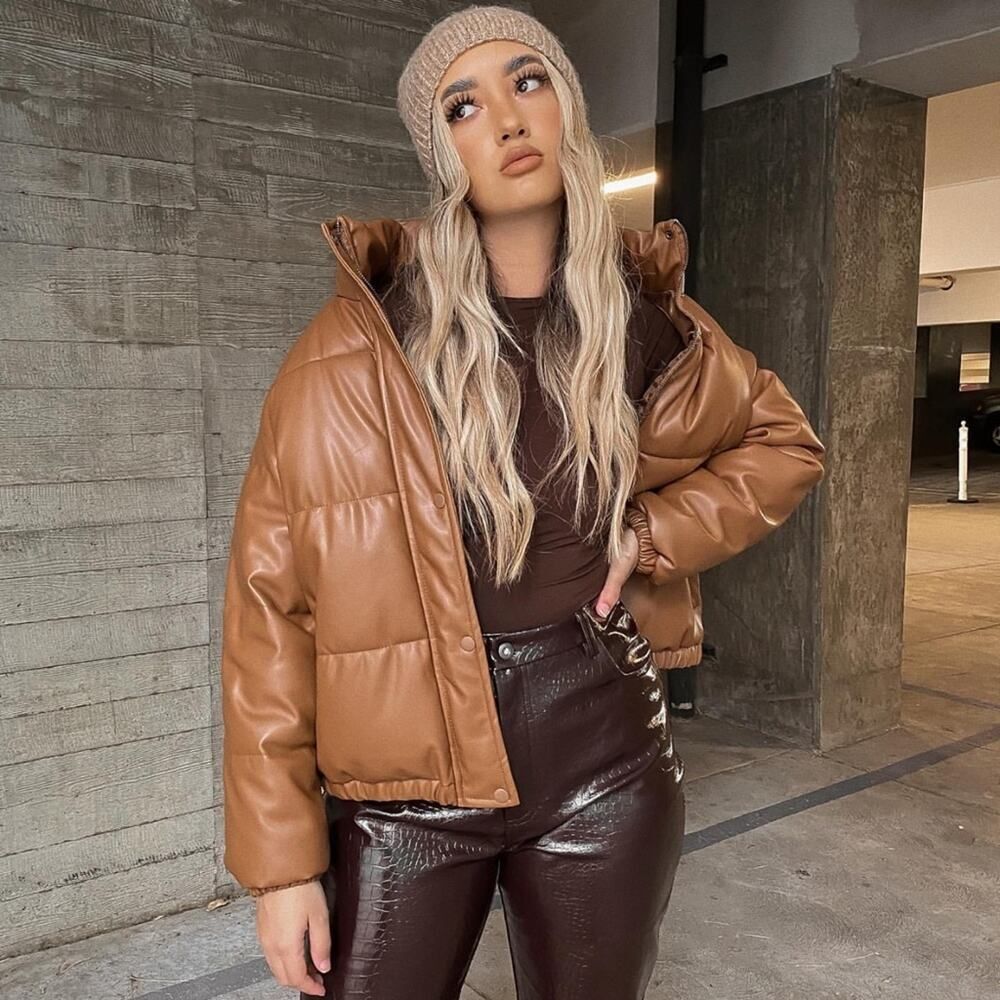Windsor Brown Faux Leather Puffer Jacket Women’s Size L - NWT